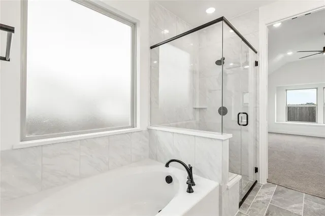 a bathroom with a bathtub and a shower