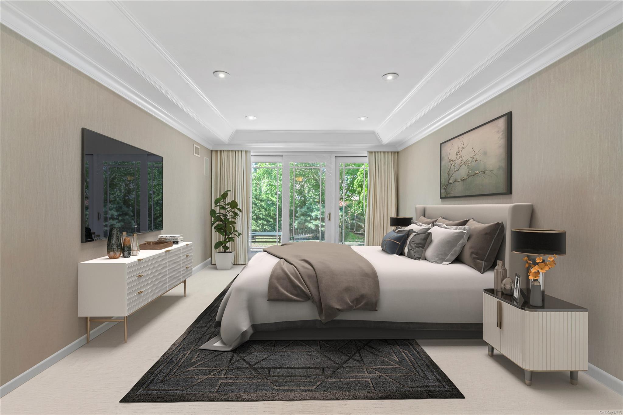 8 Holiday Pond Road Jericho, NY 11753 - Photo 20 of 43 Bedroom featuring ornamental molding, light colored carpet, and access to outside