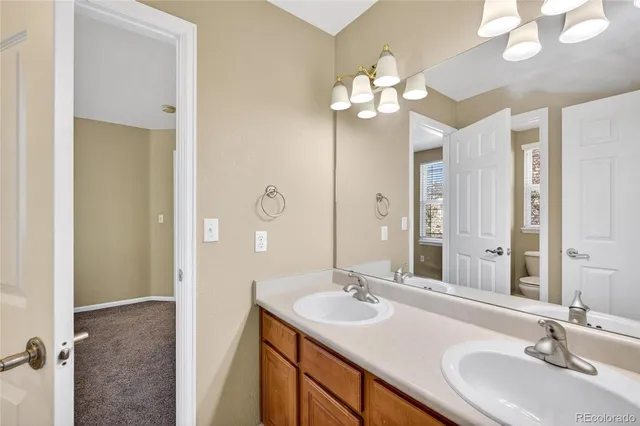 a bathroom with a sink vanity and a mirror