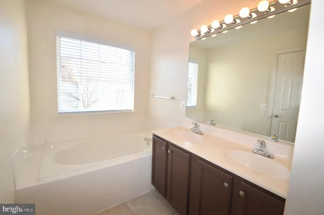 a bathroom with a tub sink and mirror