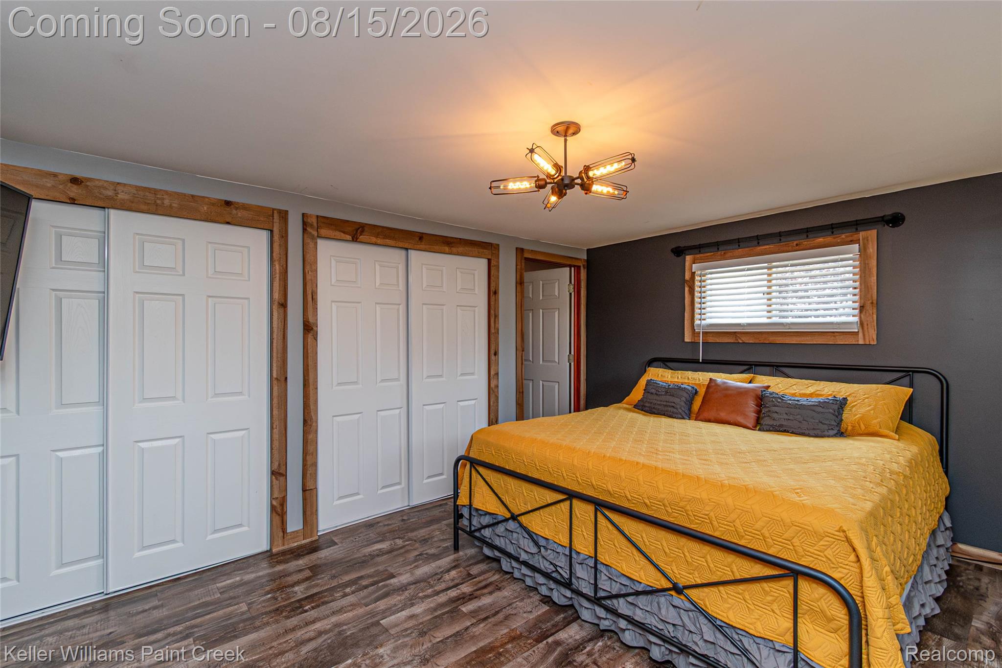 330 East Washington Street Romeo, MI 48065 - Photo 45 of 68 Wood-finish flooring, accent wall, industrial-style ceiling light fixture, wood-framed window, and bi-fold closet doors