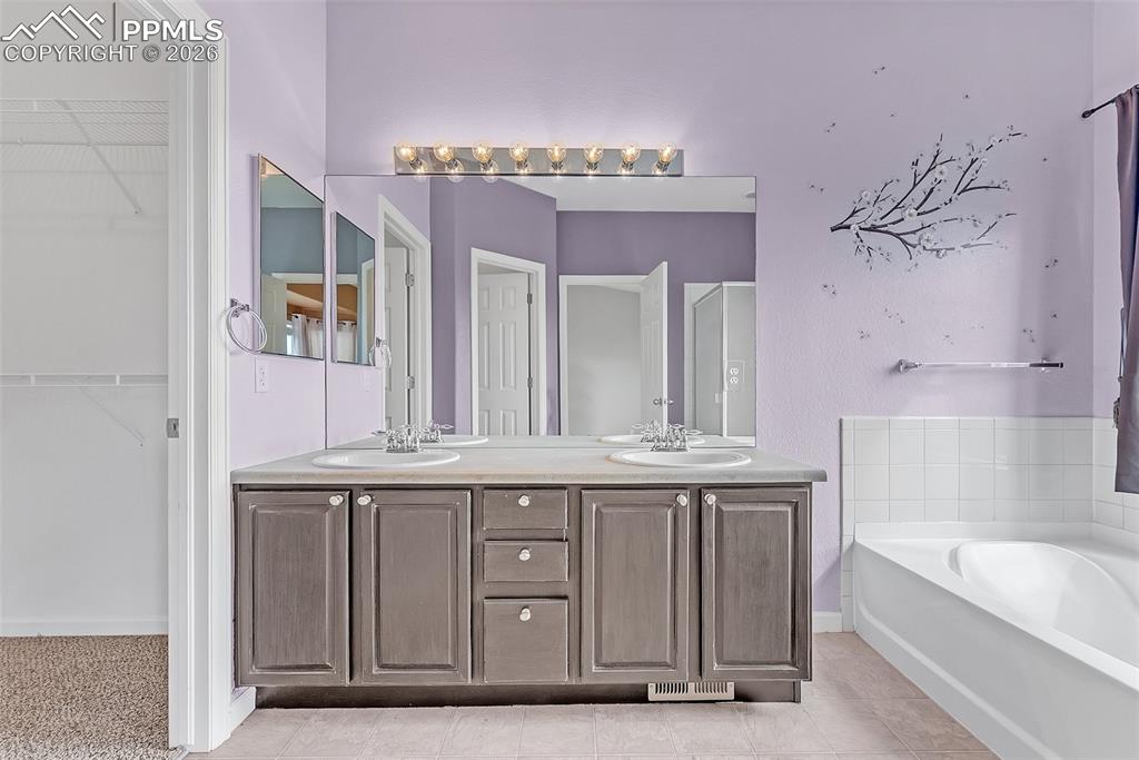 9403 St.George Road Peyton, CO 80831 - Photo 20 of 39 a spacious bathroom with a granite countertop sink a mirror and bathtub