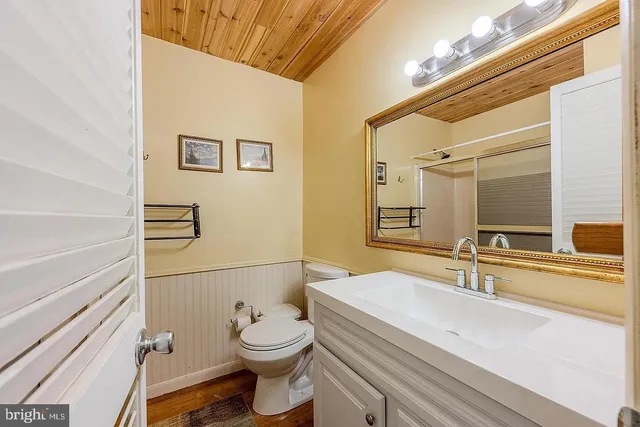 a bathroom with a sink a toilet and a mirror