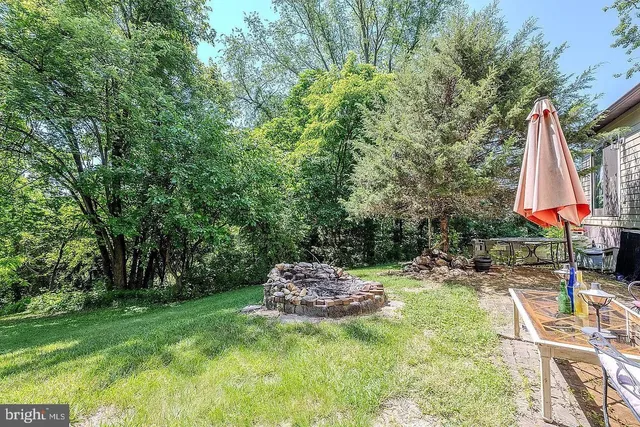 a backyard of a house with table and chairs