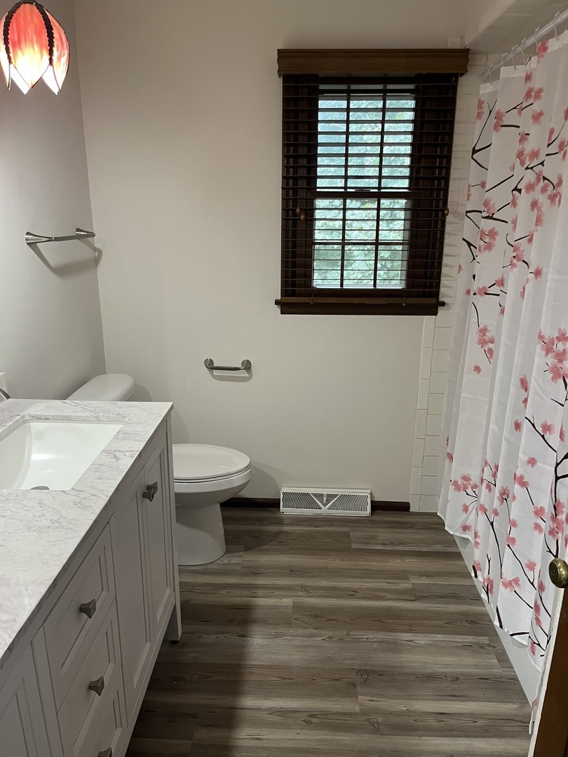1019 Gregory Street Normal, IL 61761 - Photo 30 of 60 a bathroom with a granite countertop sink toilet and a window