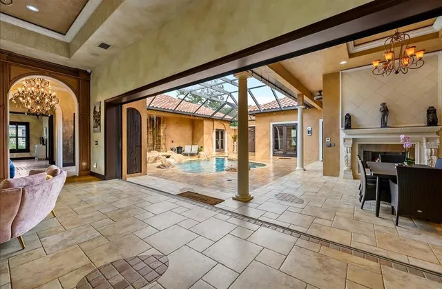 a garden view with a seating space