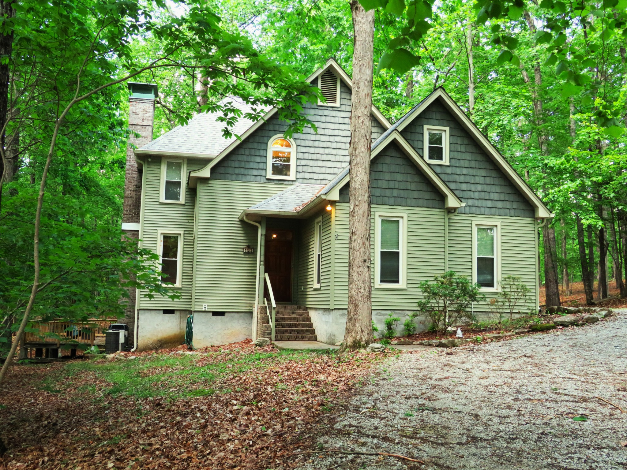 a view of a house with a small yard plants and large tree
