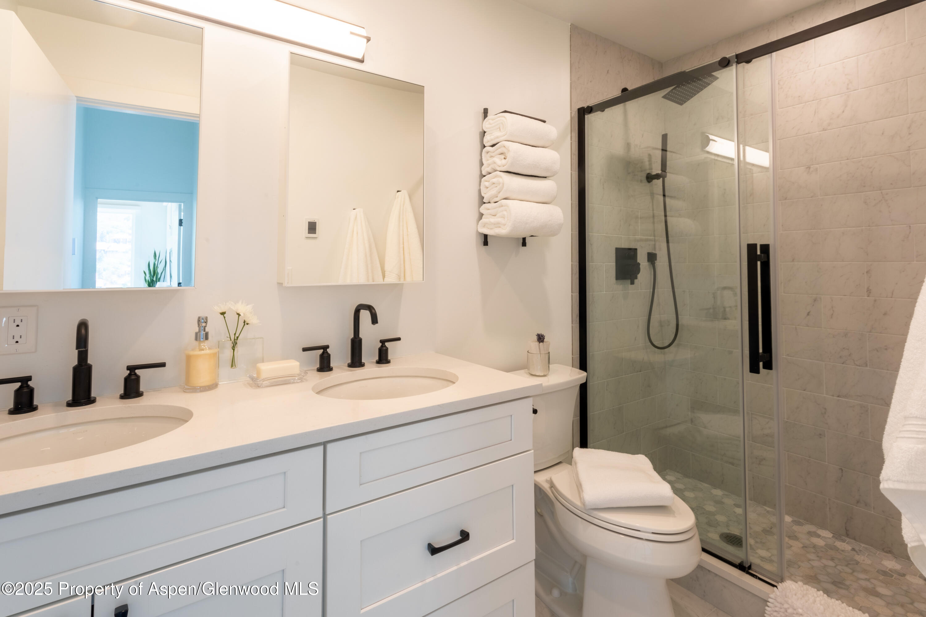 145 North Ridge Lane, Unit 2 Snowmass Village, CO 81615 - Photo 14 of 22 a bathroom with a granite countertop sink toilet and shower