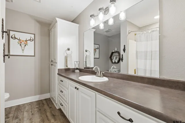 a bathroom with a granite countertop sink a large mirror and a shower