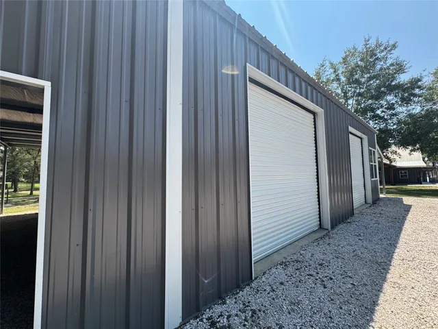 a view of a garage with storage