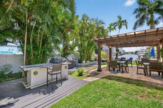 an outdoor space with seating area