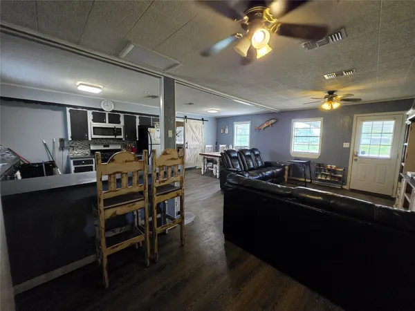 a view of a dining room with furniture