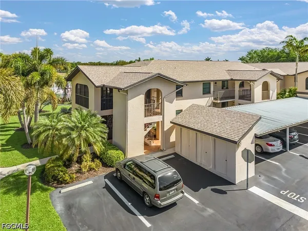 a aerial view of a house with a yard and potted plants