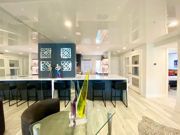 a view of a dining room with furniture