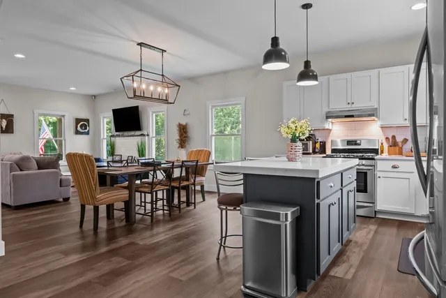 a kitchen with a potted plant on the counter and a glass door