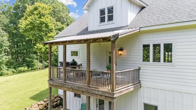 a view of a yard with plants and large trees