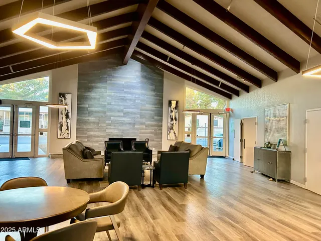 a view of a dining room with furniture