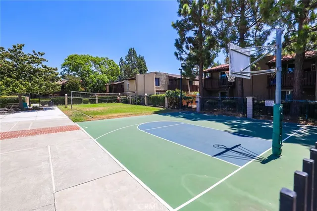 a view of a tennis ground with large trees