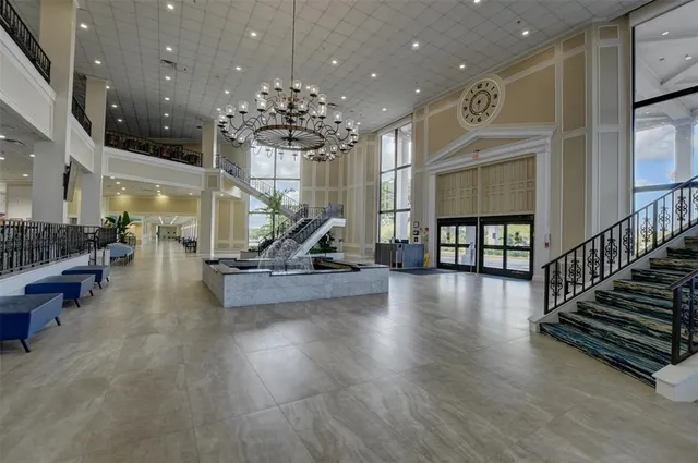a view of a lobby with black and white walls