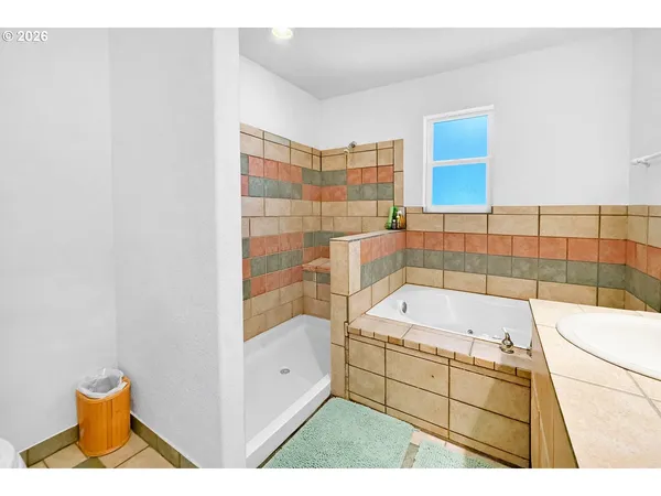 a bathroom with a tub a sink and a shower