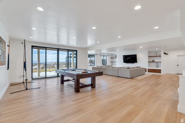 3918 South Mapleton Ests Drive Mapleton, UT 84664 - Photo 61 of 103 Game room featuring pool table, light wood finished floors, recessed lighting, and built in shelves