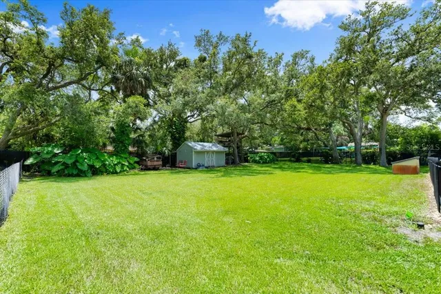a view of a field of grass and trees