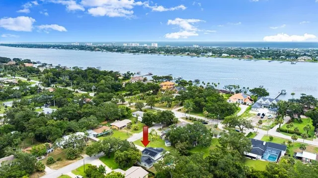 a view of a lake with a city