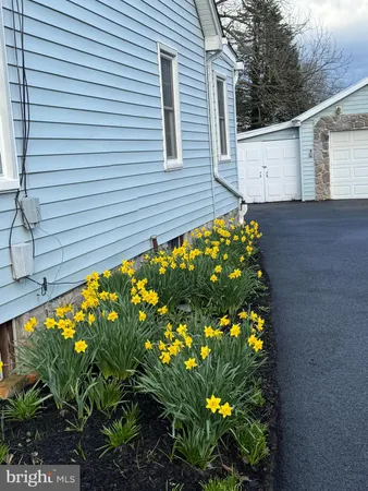 a view of a house with a flower garden