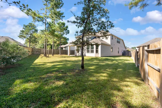 a garden with trees in the background