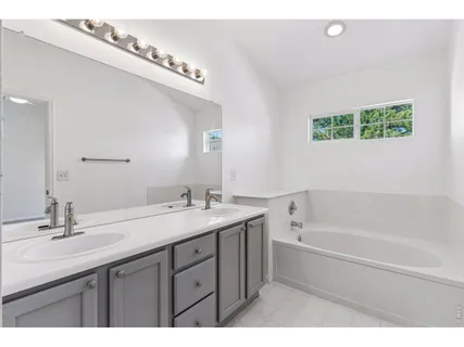 a bathroom with a tub a sink and mirror