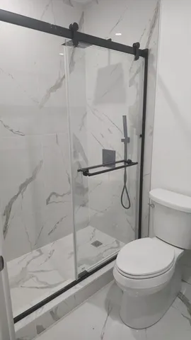 a bathroom with a shower and a toilet