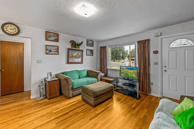 a living room with furniture and a wooden floor