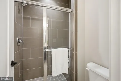 a bathroom with a shower and toilet