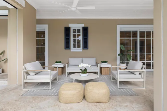 a living room with furniture and a potted plant