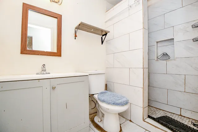 a bathroom with a toilet a sink and mirror