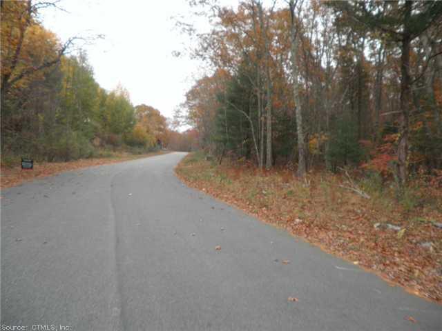 a view of a dirt road with trees in the background