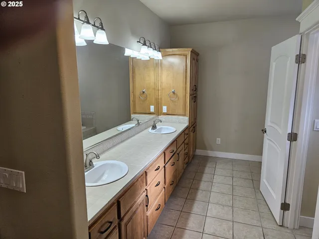 a bathroom with a double vanity sink mirror and shower