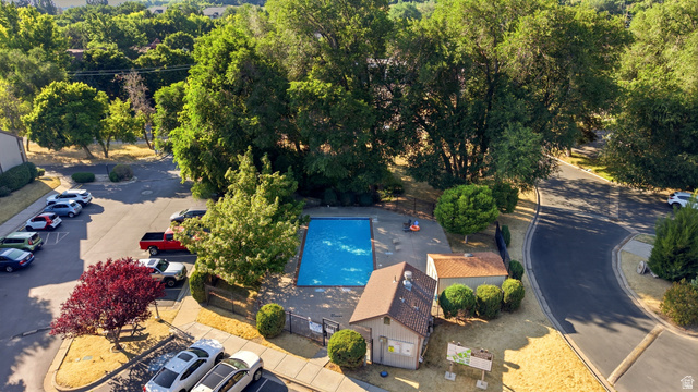 1175 Canyon Road, Unit 86 Ogden, UT 84404 - Photo 26 of 29 Outdoor swimming pool surrounded by mature trees, featuring a nearby building with a shingled roof, paved parking areas, and surrounding green landscaping