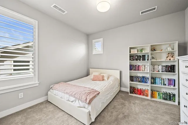 a bedroom with a bed and a book shelf