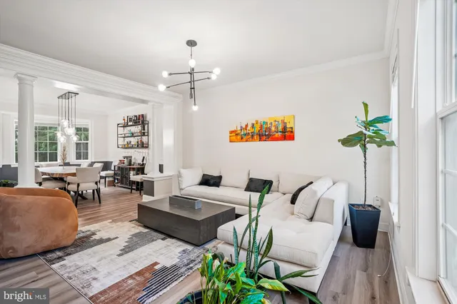 a living room with furniture potted plant and window
