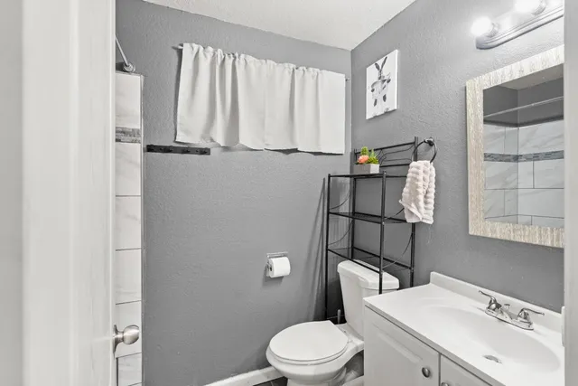 a bathroom with a sink a toilet and a mirror