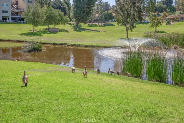 a view of a lake with a house in background