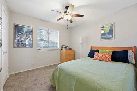 a bedroom with a large bed and a chandelier