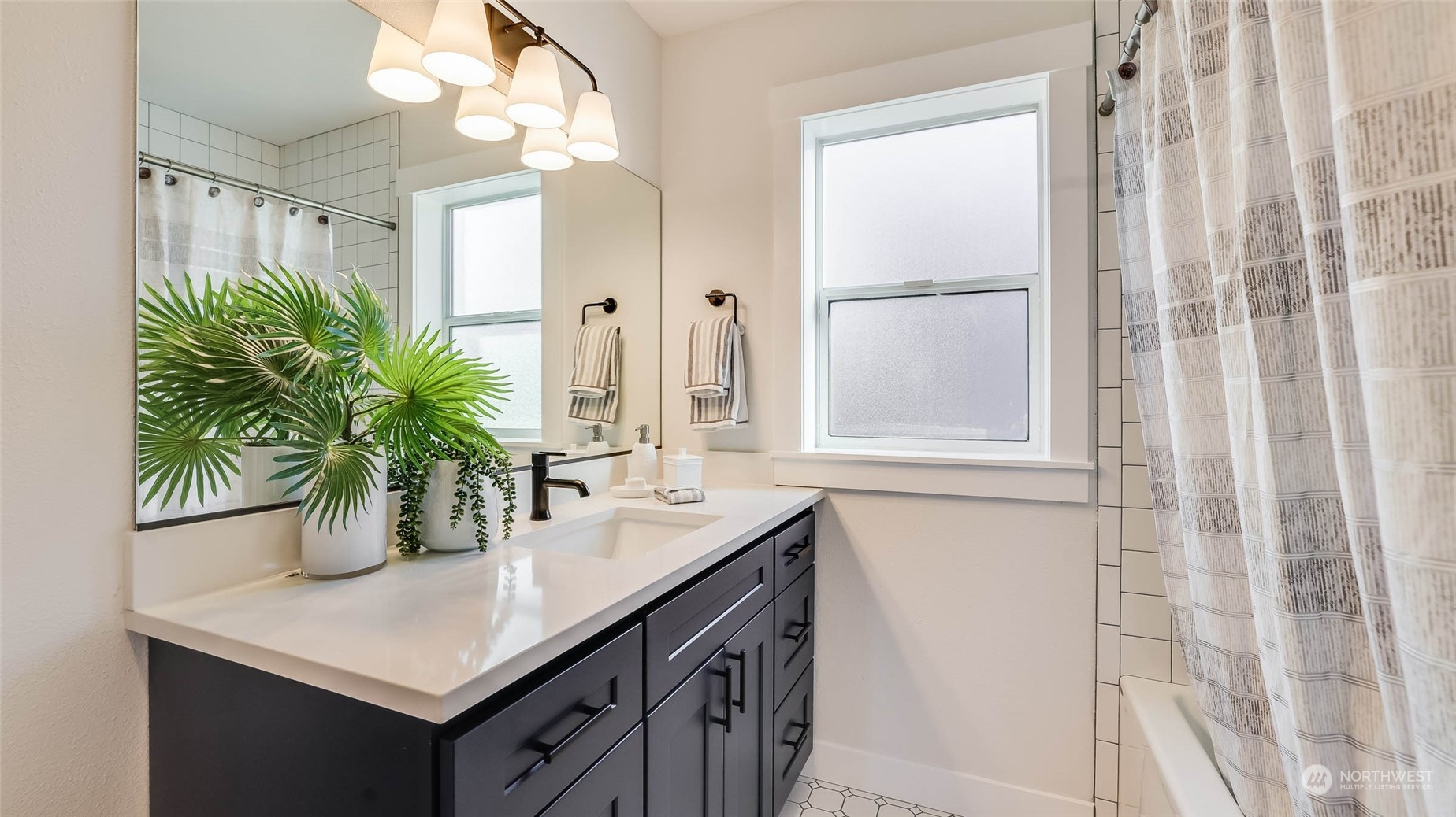 1018 North 34th Street Renton, WA 98056 - Photo 28 of 40 a bathroom with a sink a mirror and a potted plant