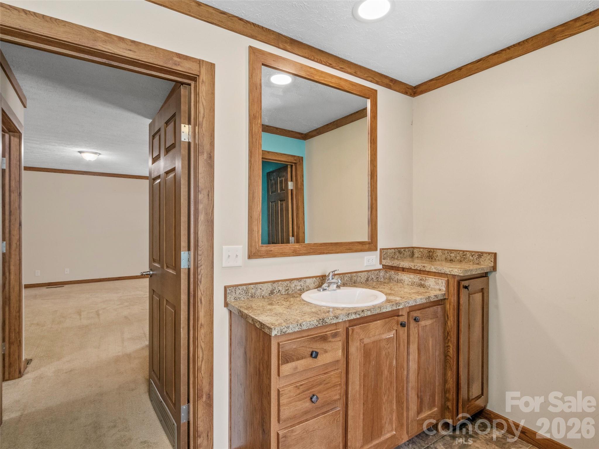 695 Johnson Farm Road Canton, NC 28716 - Photo 23 of 37 a bathroom with a granite countertop sink and a mirror
