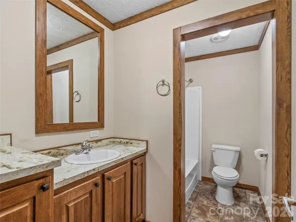 a bathroom with a granite countertop sink a toilet and a mirror