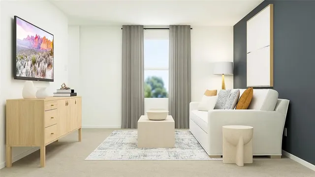 a living room with furniture a flat screen tv and a floor to ceiling window