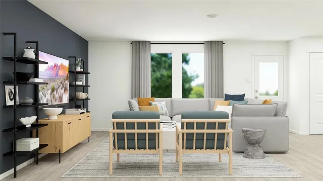 a bedroom with a bed and lamp