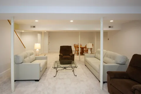 a living room with furniture and a potted plant