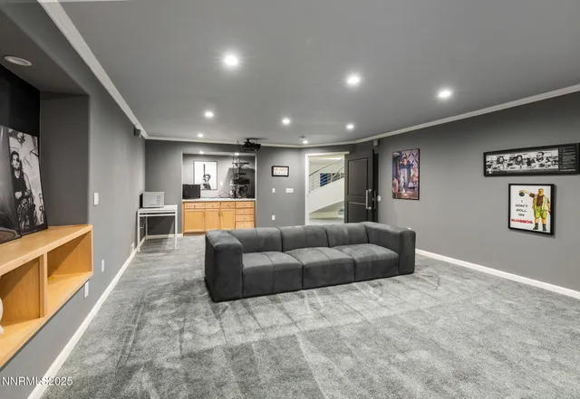 a living room with furniture and a table
